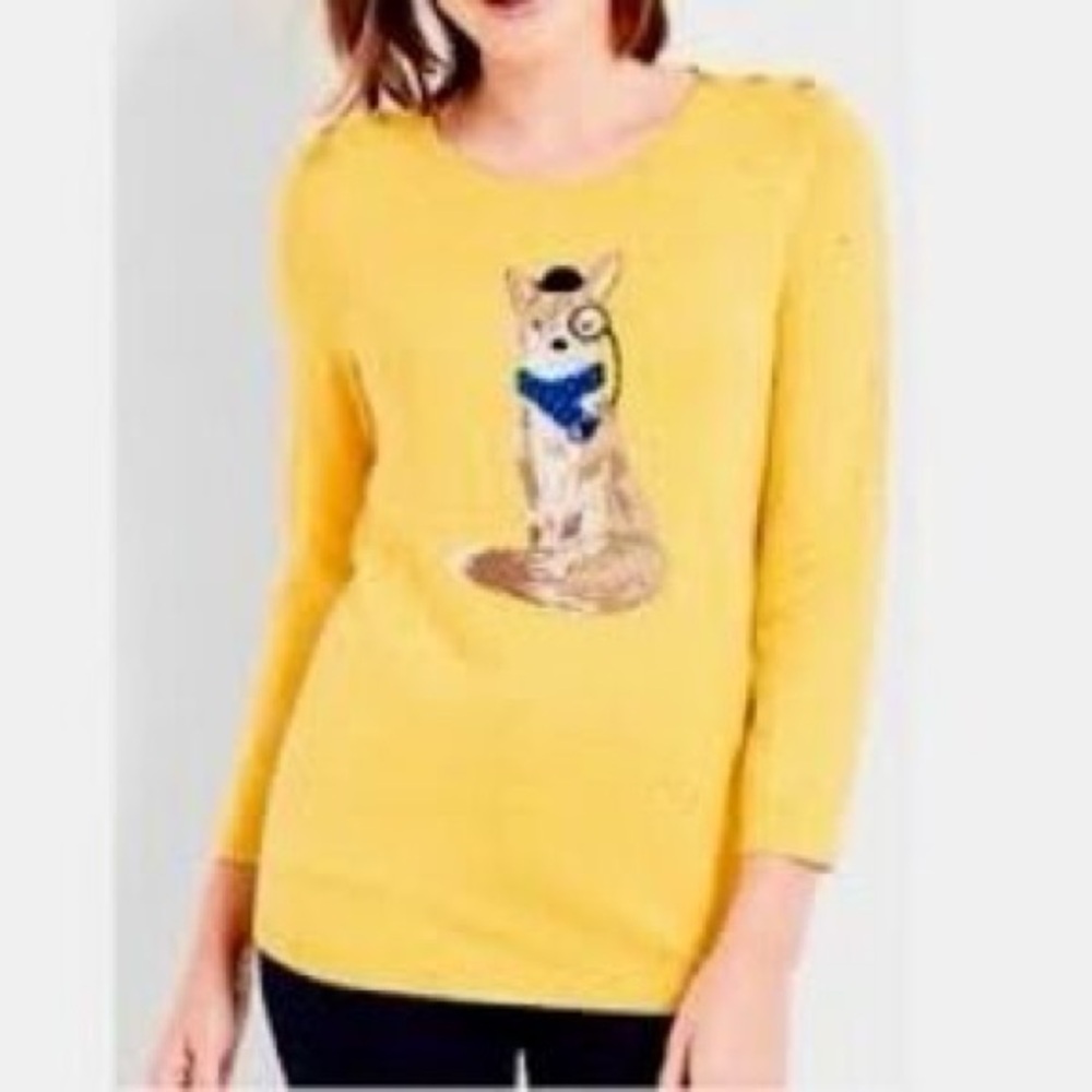 TALBOTS Mustard Yellow Dog Sweater Pullover Britian British Dog, Petite Small